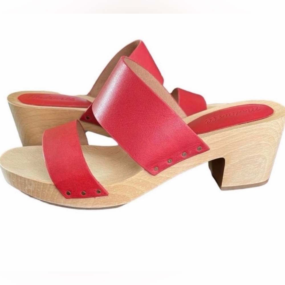 Madewell Red Leather Wood Clog Mules